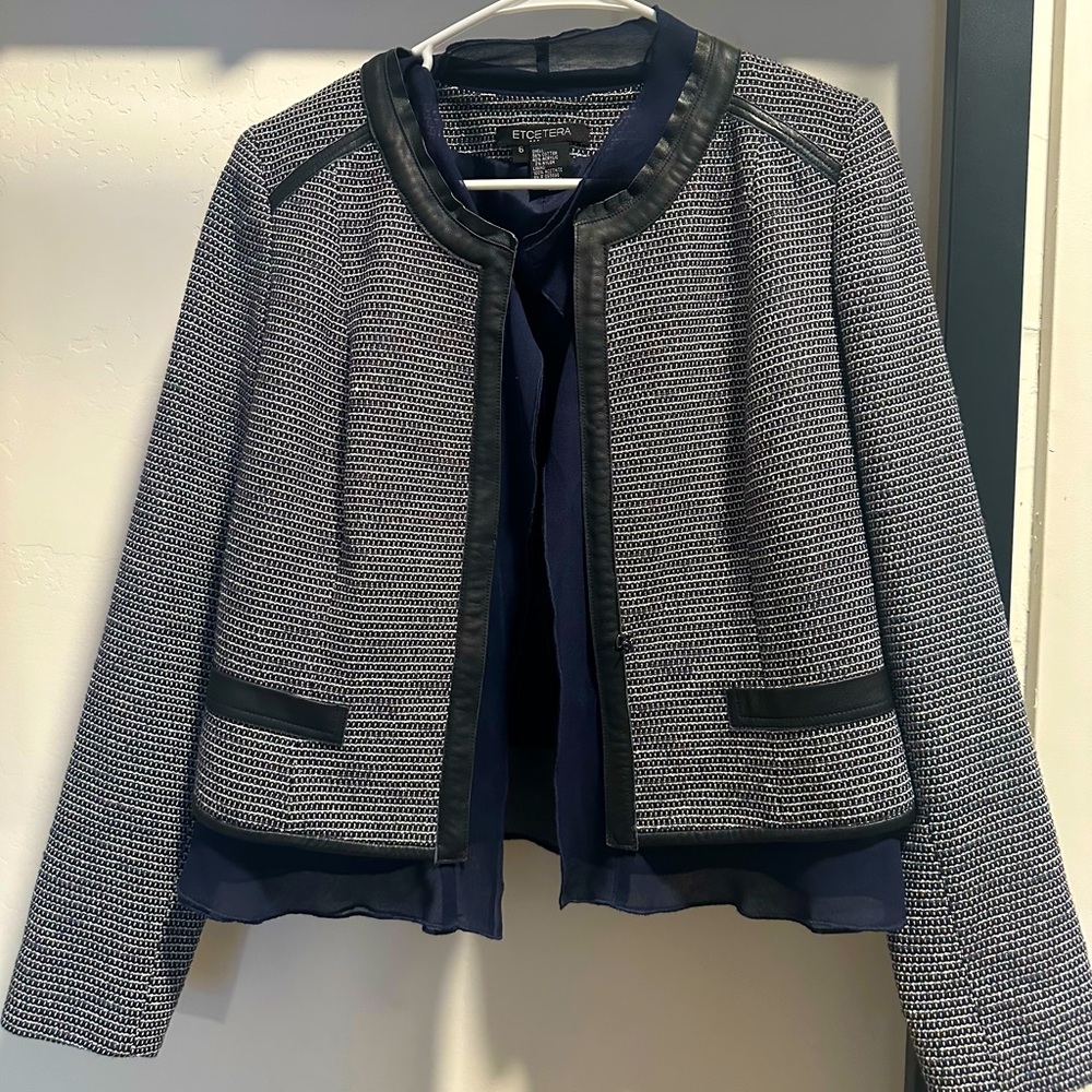 Etcetera 6 Blazer White Black Navy Blue Woven Chiffon Leather Trim Jacket